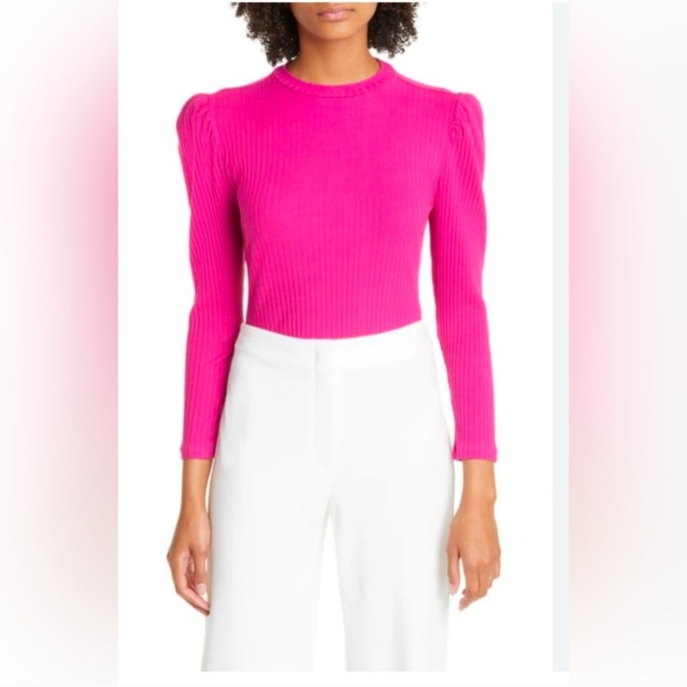 ⭐ Farm Rio Pink Ribbed Bodysuit With Puff Sleeves Size Medium
